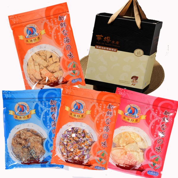 【華得水產】熱銷東港海洋4包組禮盒(小捲片+櫻蝦丁角+黑胡椒魚板+高鈣比目魚)
